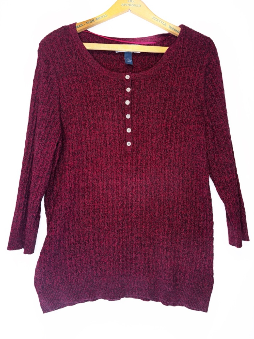 Red and Black Marled Karen Scott Cable-Knit Scoop Neck Henley Sweater -XL-